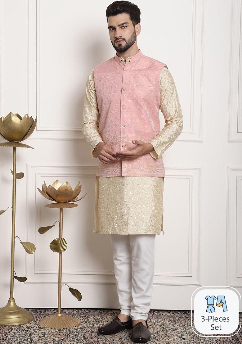 Gold Thread Work Poly Blend Kurta Set For Men