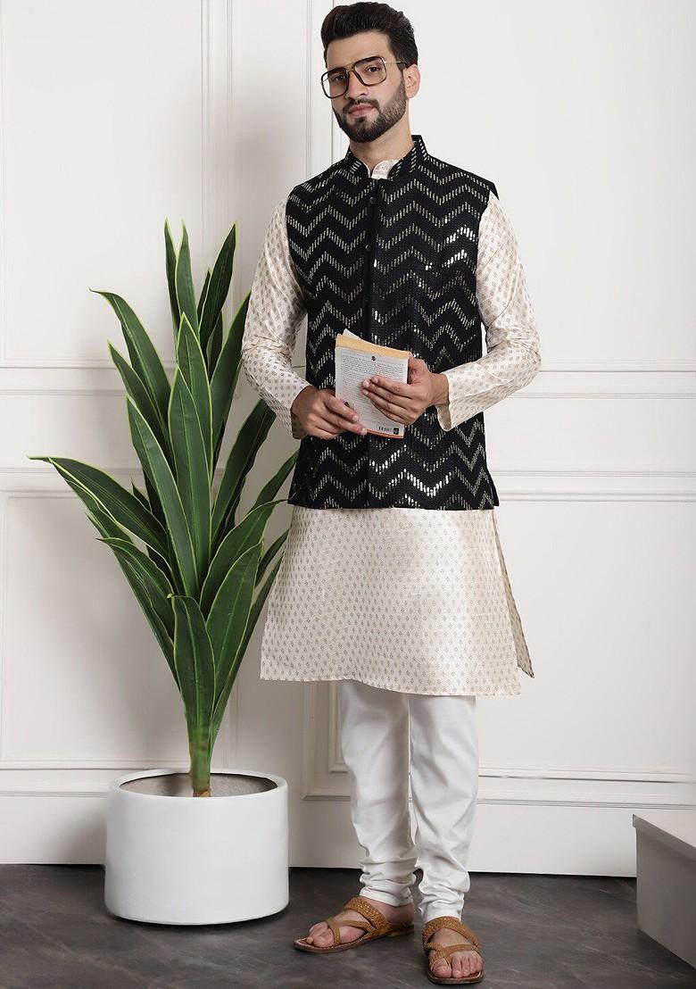 Cream Ethnic Motifs Poly Blend Kurta Set For Men