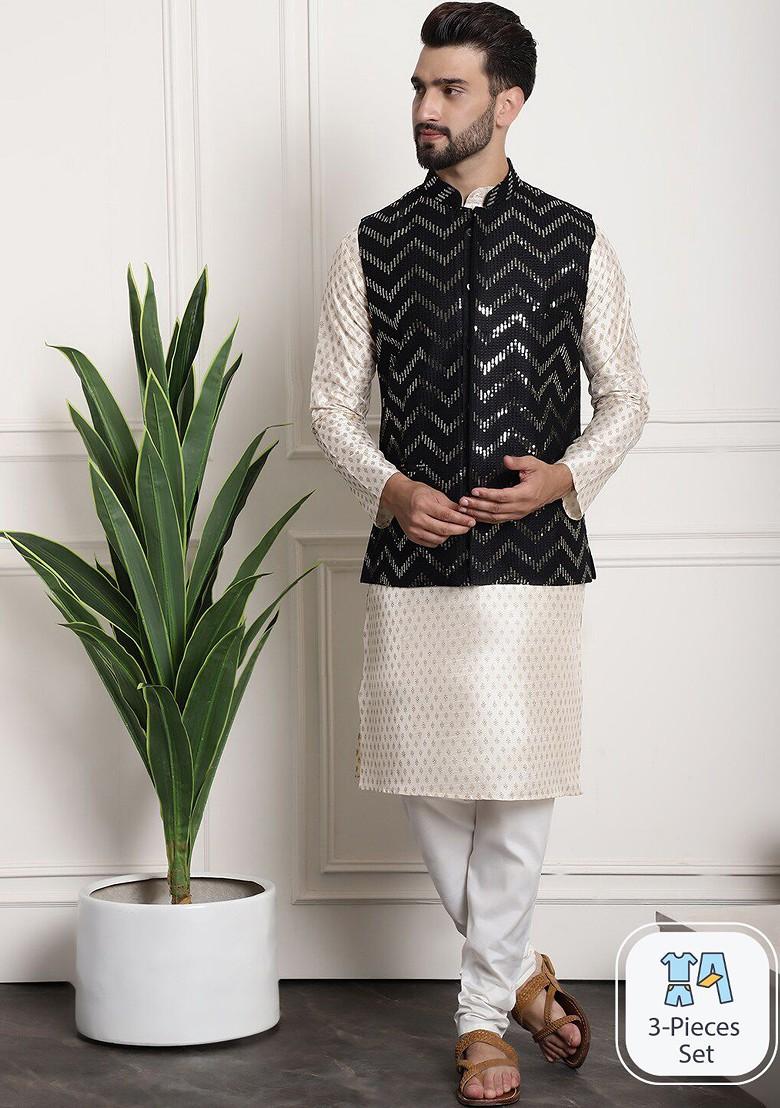 Cream Ethnic Motifs Poly Blend Kurta Set For Men