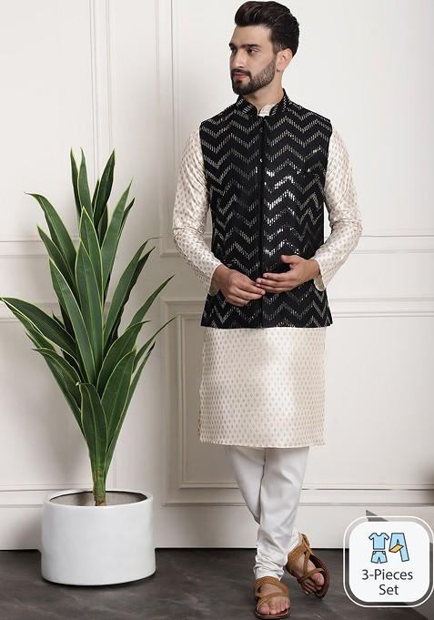 Cream Ethnic Motifs Poly Blend Kurta Set For Men