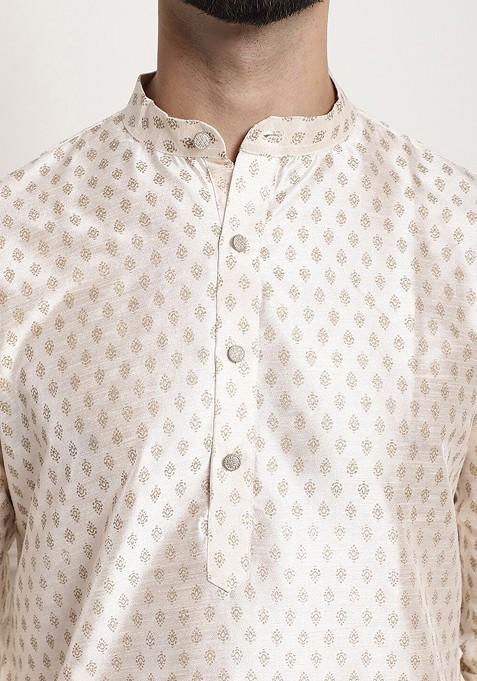 Cream Ethnic Motifs Poly Blend Kurta Set For Men