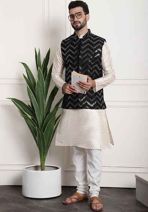Cream Ethnic Motifs Poly Blend Kurta Set For Men