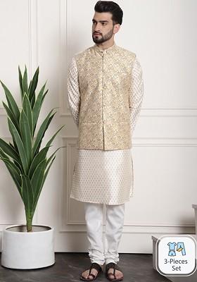 Cream Ethnic Motifs Poly Blend Kurta Set For Men