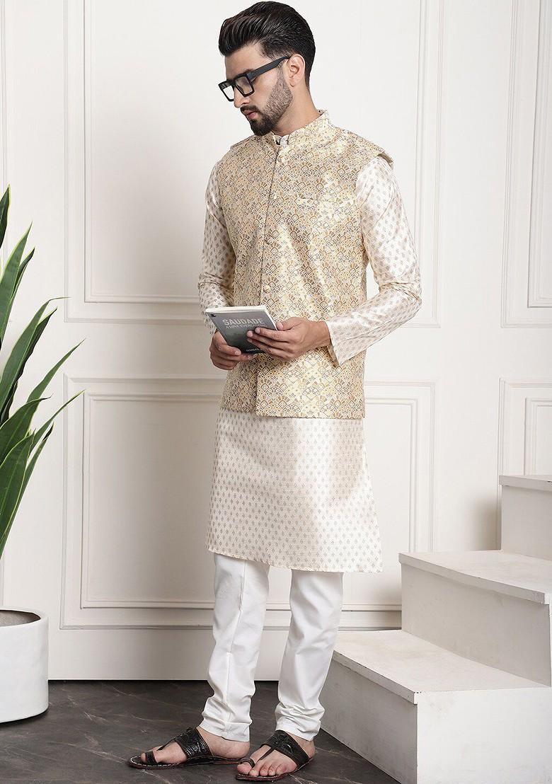 Cream Ethnic Motifs Poly Blend Kurta Set For Men