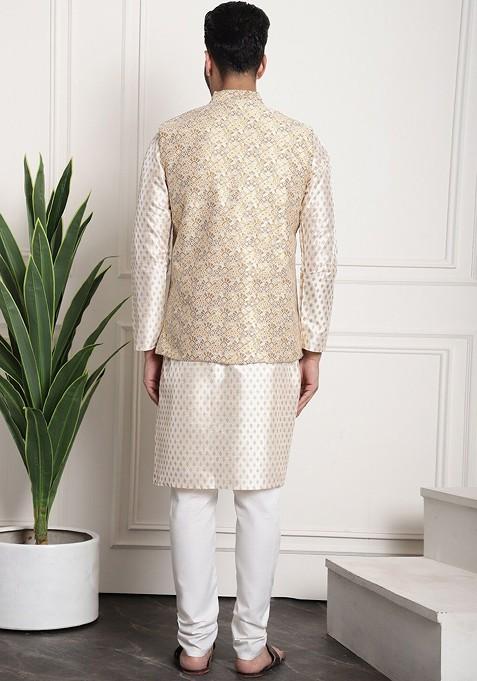 Cream Ethnic Motifs Poly Blend Kurta Set For Men