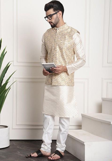 Cream Ethnic Motifs Poly Blend Kurta Set For Men