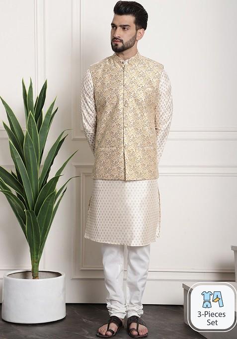 Cream Ethnic Motifs Poly Blend Kurta Set For Men