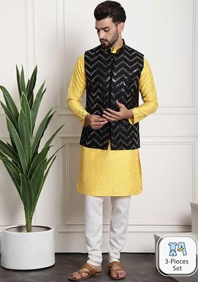 Mustard Thread Work Poly Blend Kurta Set For Men