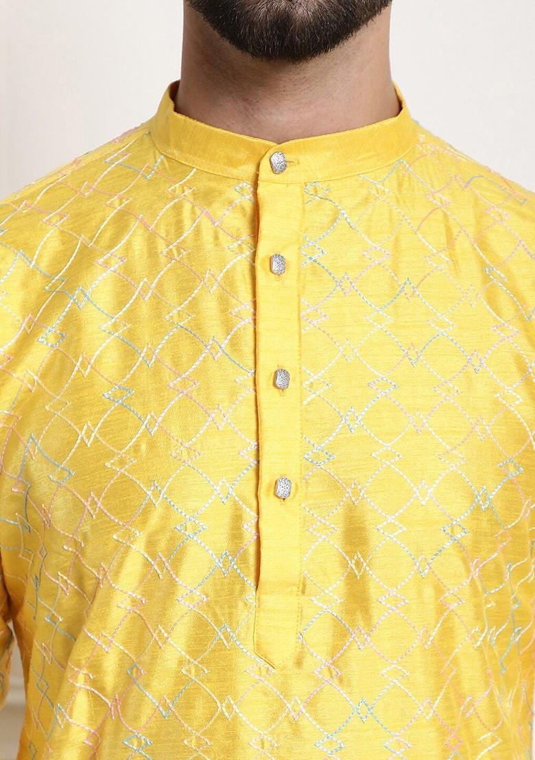 Mustard Thread Work Poly Blend Kurta Set For Men