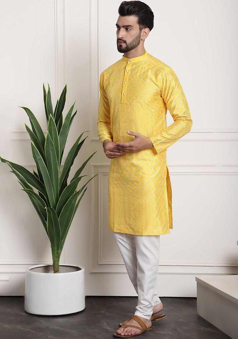 Mustard Thread Work Poly Blend Kurta Set For Men