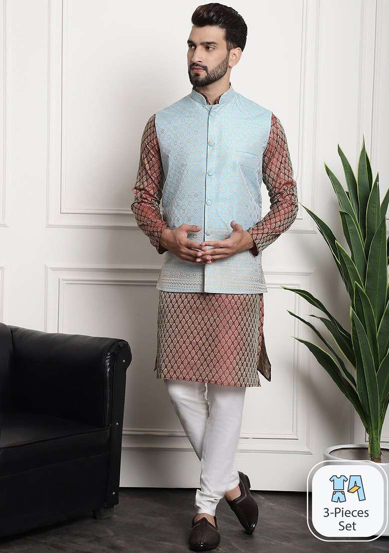 Maroon Ethnic Motifs Cotton Kurta Set For Men - Indya