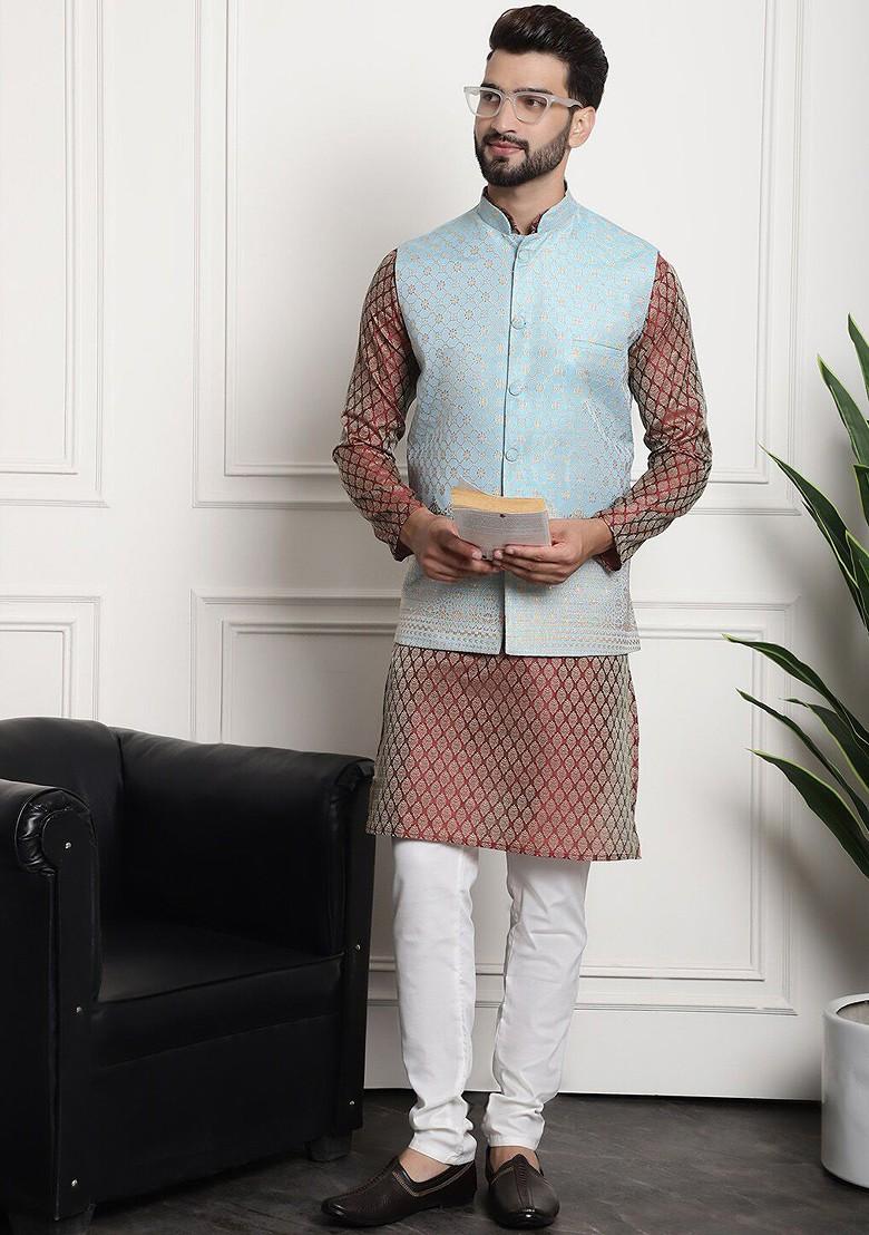 Maroon Ethnic Motifs Cotton Kurta Set For Men