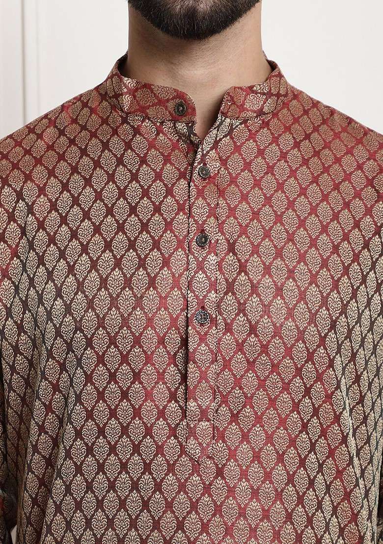 Maroon Ethnic Motifs Cotton Kurta Set For Men - Indya