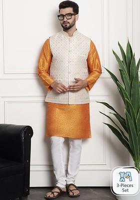Orange Printed Poly Blend Kurta Set For Men