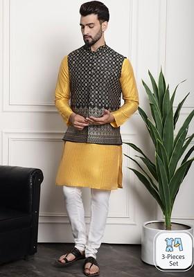 Mustard Striped Poly Blend Kurta Set For Men