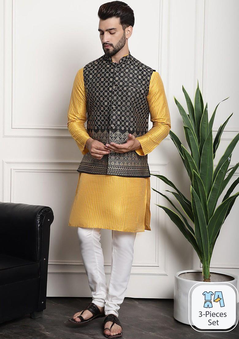 Mustard Striped Poly Blend Kurta Set For Men