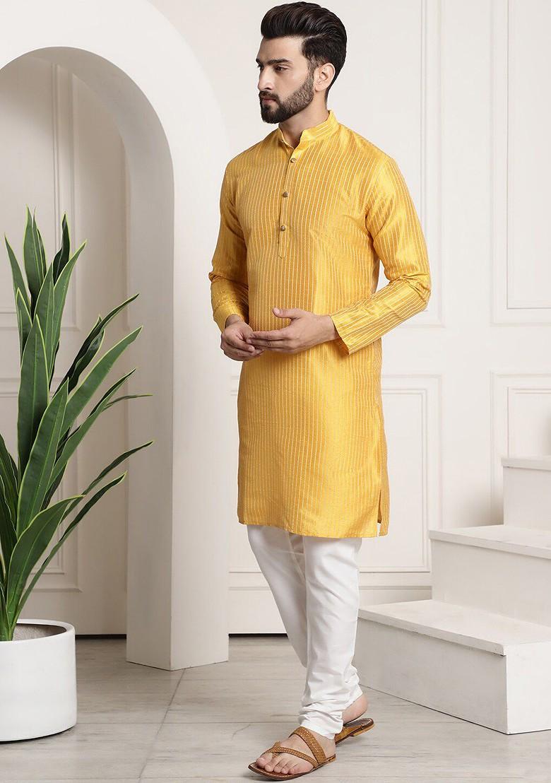 Mustard Striped Poly Blend Kurta Set For Men
