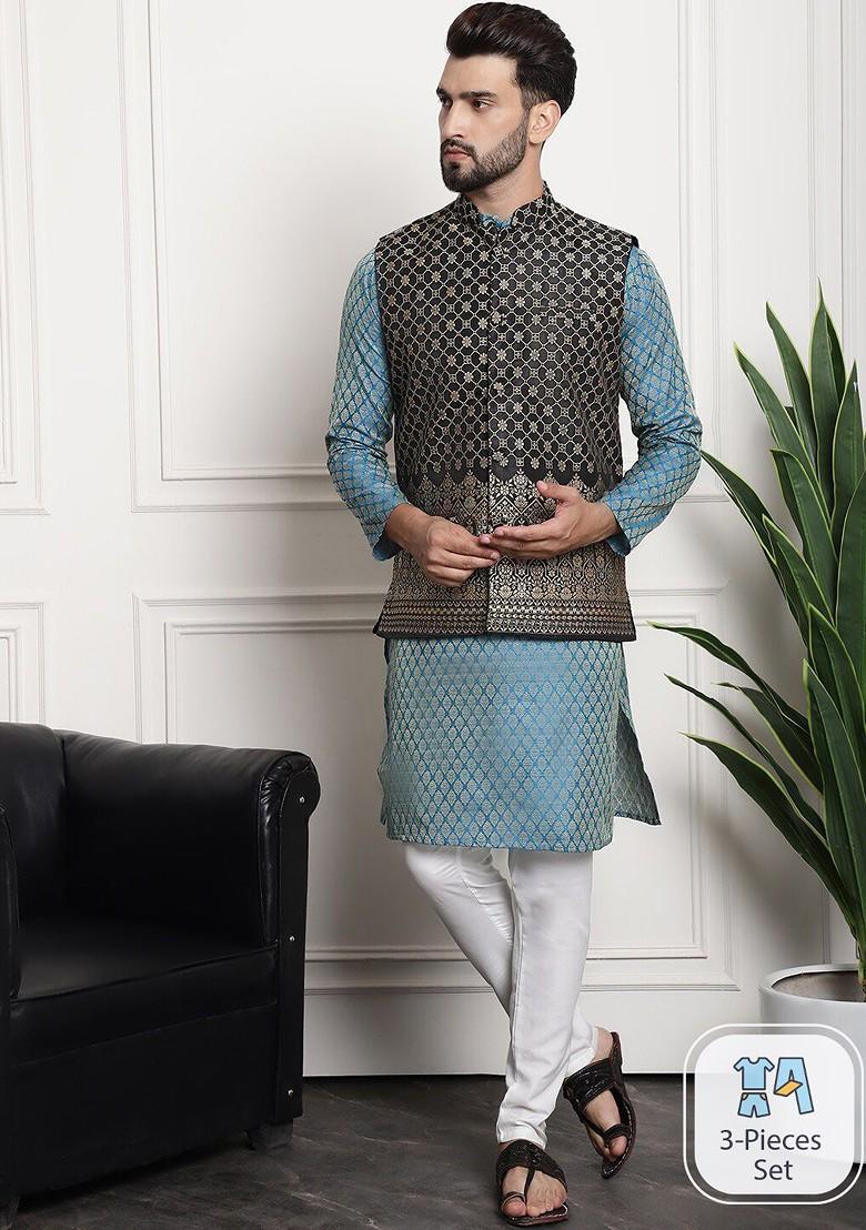 Blue Ethnic Motifs Poly Blend Kurta Set For Men