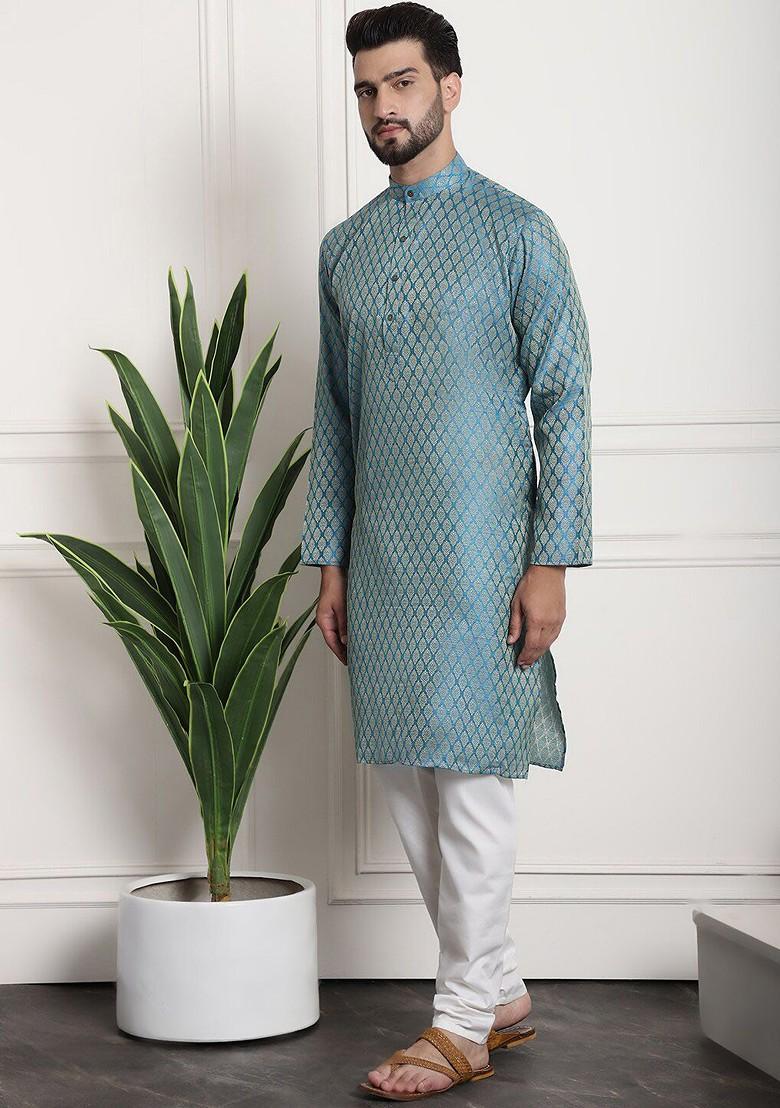 Blue Ethnic Motifs Poly Blend Kurta Set For Men