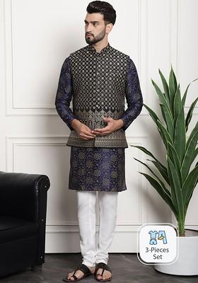 Navy Blue Printed Poly Blend Kurta Set For Men