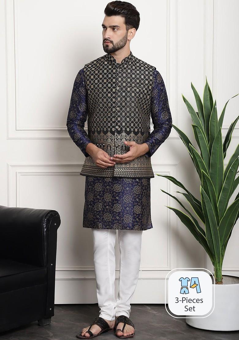 Navy Blue Printed Poly Blend Kurta Set For Men