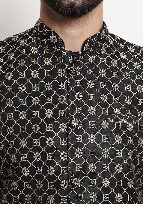 Navy Blue Printed Poly Blend Kurta Set For Men