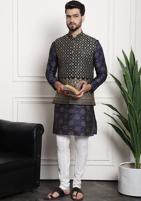 Navy Blue Printed Poly Blend Kurta Set For Men