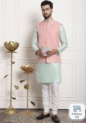 Sea Green Embroidered Poly Blend Kurta Set For Men
