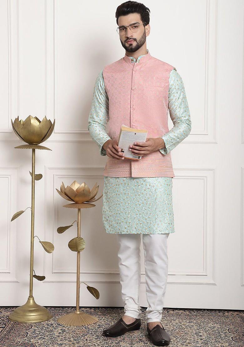 Sea Green Embroidered Poly Blend Kurta Set For Men