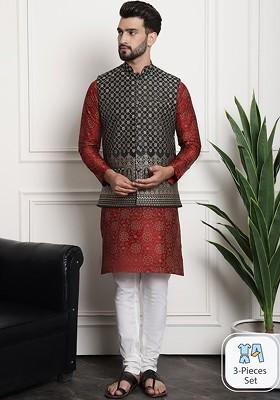 Maroon Ethnic Motifs Cotton Kurta Set For Men