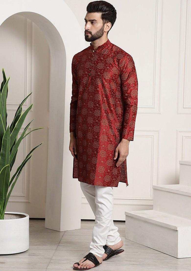 Maroon Ethnic Motifs Cotton Kurta Set For Men