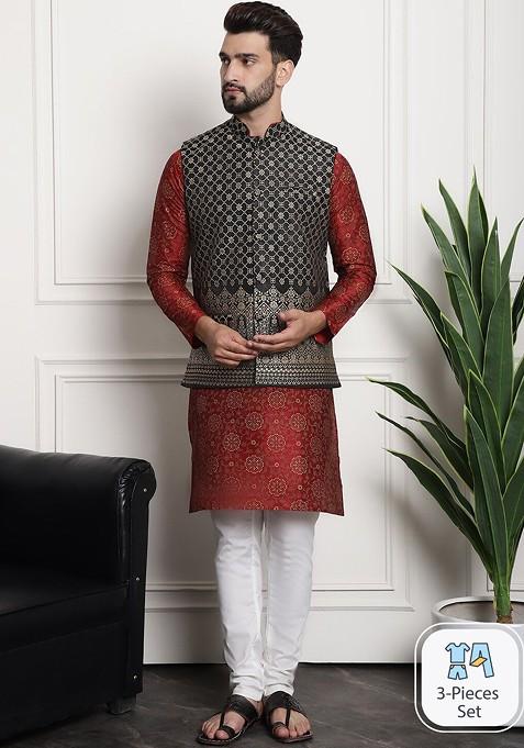 Maroon Ethnic Motifs Cotton Kurta Set For Men