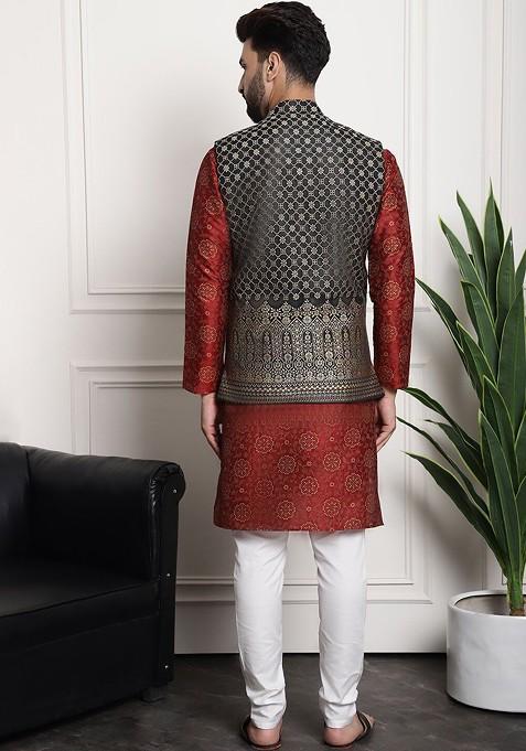 Maroon Ethnic Motifs Cotton Kurta Set For Men