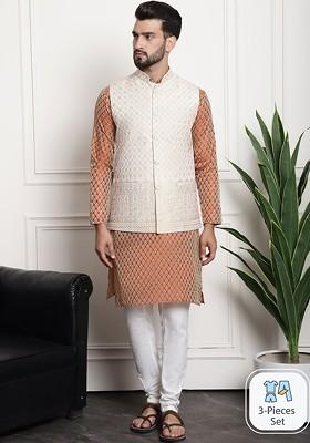Orange Ethnic Motifs Poly Blend Kurta Set For Men