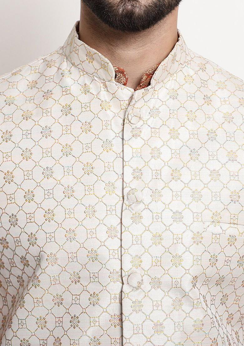 Orange Ethnic Motifs Poly Blend Kurta Set For Men