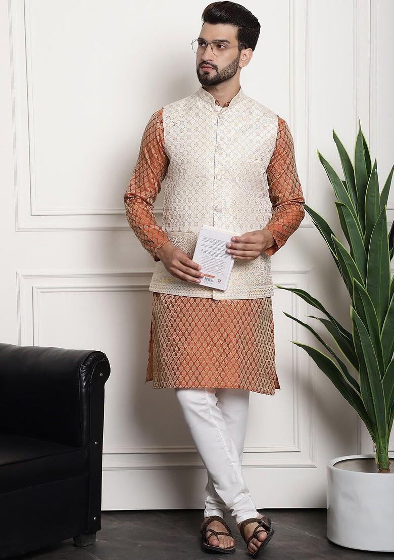 Orange Ethnic Motifs Poly Blend Kurta Set For Men