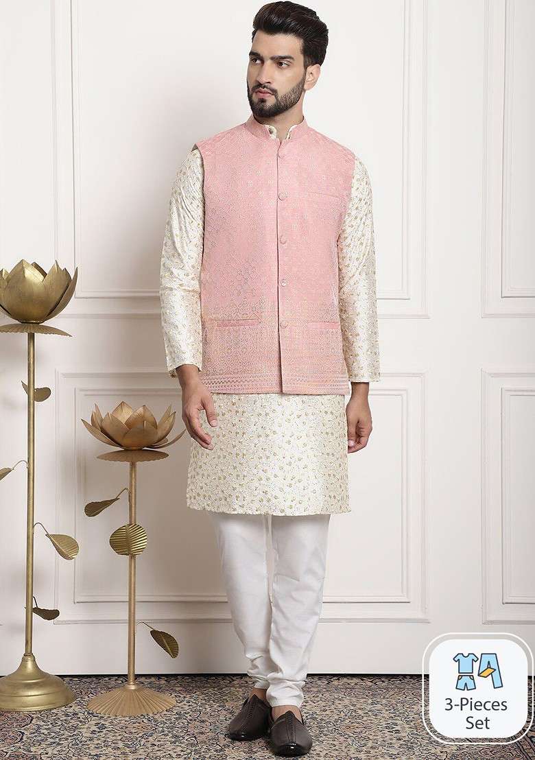 Cream Embroidered Cotton Kurta Set For Men - Indya