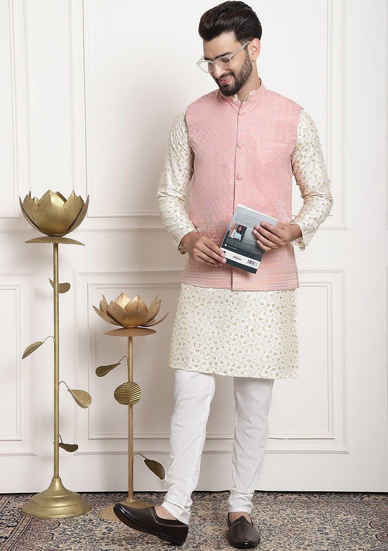 Cream Embroidered Cotton Kurta Set For Men
