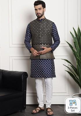 Navy Blue Embroidered Cotton Kurta Set For Men