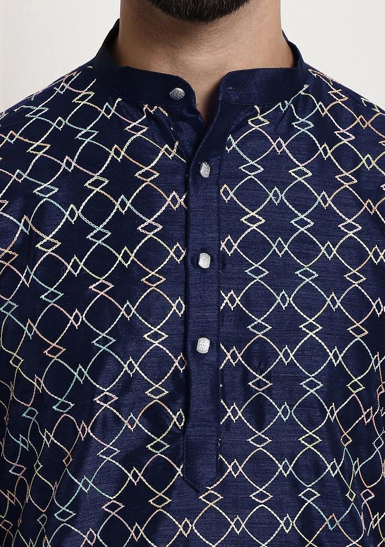 Navy Blue Embroidered Cotton Kurta Set For Men