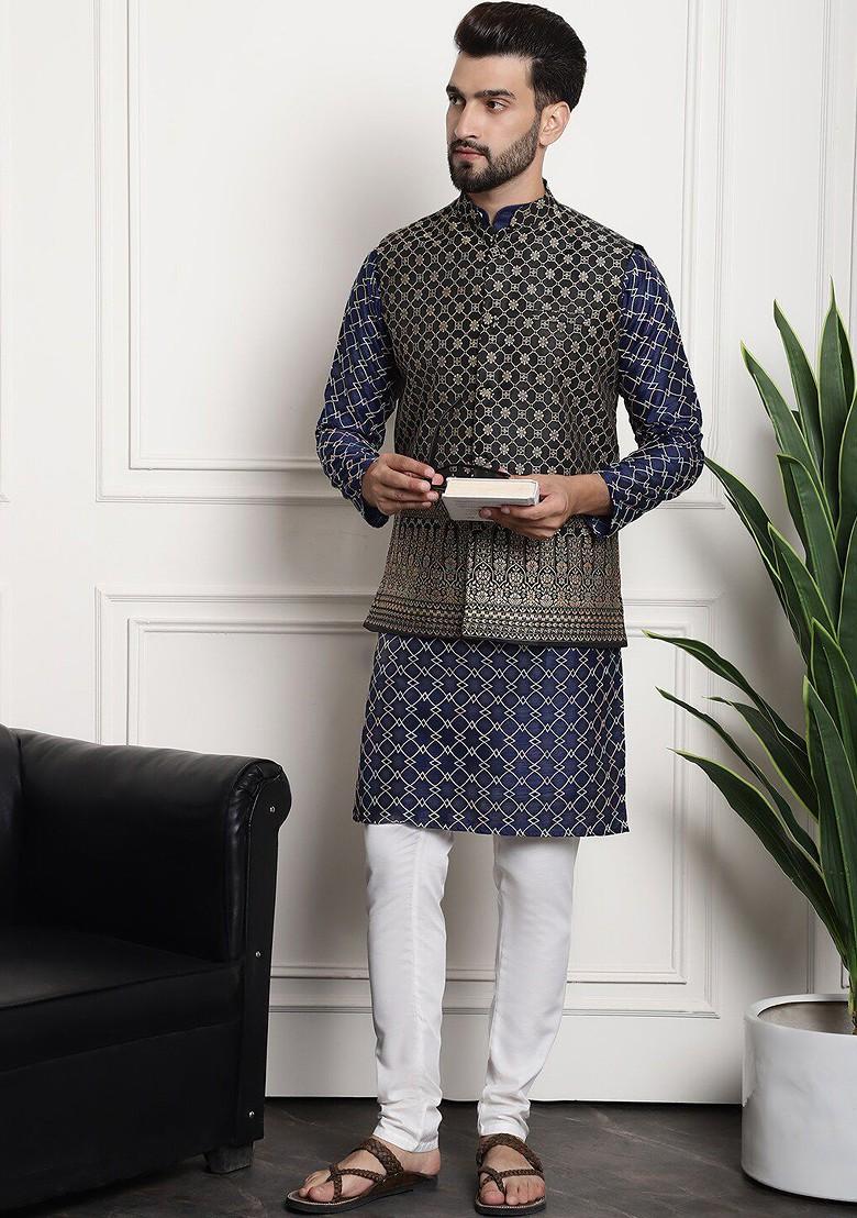 Navy Blue Embroidered Cotton Kurta Set For Men