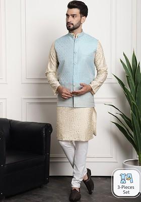 Gold Embroidered Poly Blend Kurta Set For Men