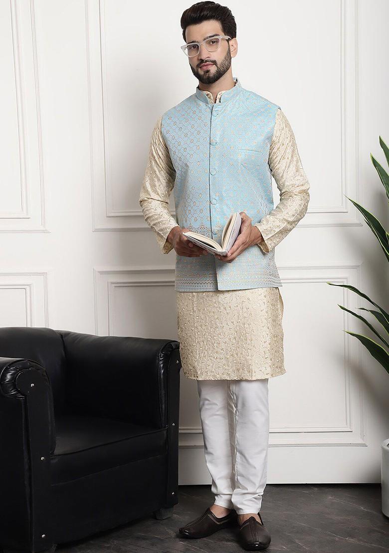 Gold Embroidered Poly Blend Kurta Set For Men