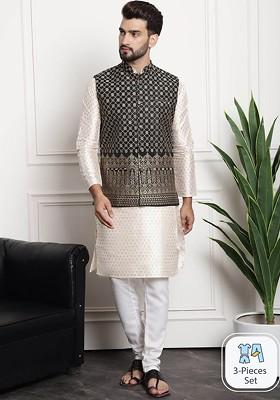 Cream Woven Poly Blend Kurta Set For Men