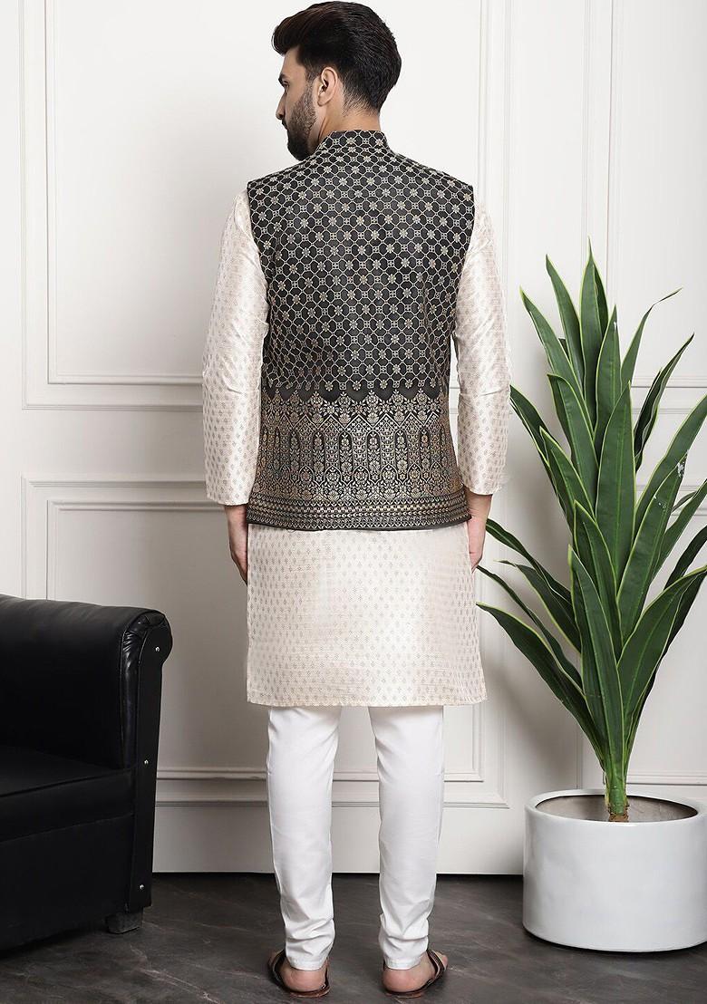 Cream Woven Poly Blend Kurta Set For Men