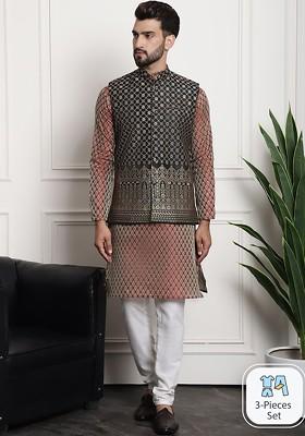 Maroon Ethnic Motifs Poly Blend Kurta Set For Men