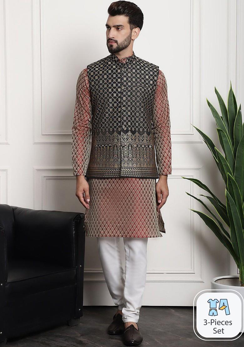 Maroon Ethnic Motifs Poly Blend Kurta Set For Men