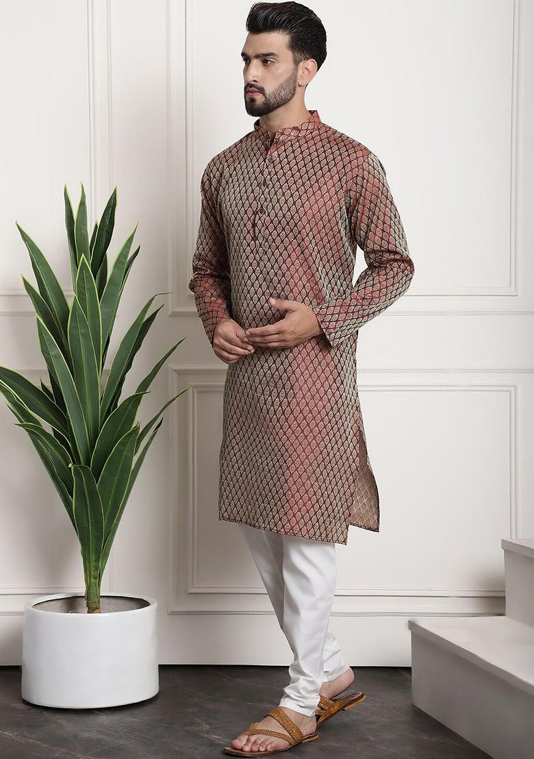 Maroon Ethnic Motifs Poly Blend Kurta Set For Men