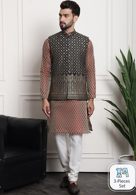 Maroon Ethnic Motifs Poly Blend Kurta Set For Men
