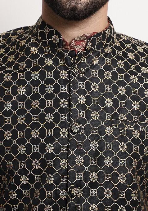Maroon Ethnic Motifs Poly Blend Kurta Set For Men